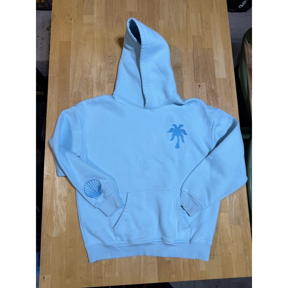 Pink Palm Puff Hoodie Light Blue Hibiscus Floral Seashell Pullover Sweatshirt